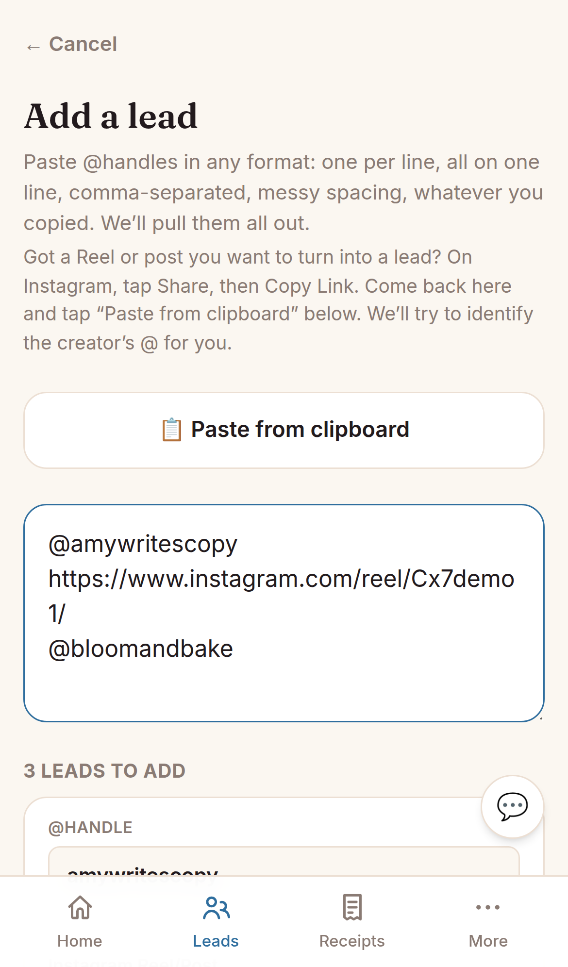 Adding a lead by pasting an Instagram handle and Reel link