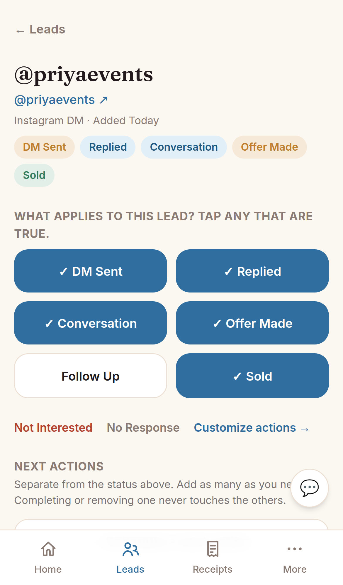 A lead's detail page with status, next actions, and history