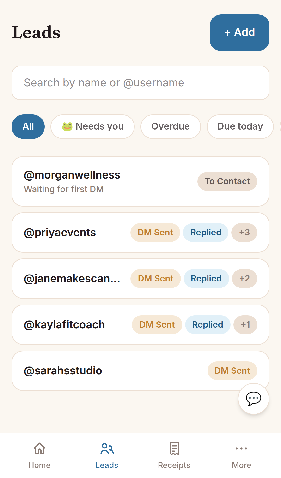 Leads list showing conversations at different stages